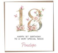 Personalised 18th Birthday Card for Adult Niece, Luxury Flower & Butterfly Design with Customised Name, Special Milestone Keepsake Gift, Cute Contemporary Handmade Customizable Age 18 Cards