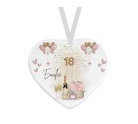 Personalised 18th Birthday Ceramic Heart Keepsake with Champagne & Flowers Design, 7.5cm x 7cm, with Ribbon, 18th Birthday Gift For Her Girls