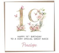 Personalised 19th Birthday Card for Adult Great Niece, Luxury Flower & Butterfly Design with Customised Name, Special Milestone Keepsake Gift, Cute Contemporary Handmade Customizable Age 19 Cards