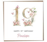 Personalised 19th Birthday Card for Women, Luxury Flower & Butterfly Design with Customised Name, Special Milestone Keepsake Gift, Cute Contemporary Handmade Customizable Age 19 Cards, Glitter Effect