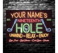 Personalised 19th Hole Golf Club Neon Effect Golfers Welcome Customised Wall Decor Gift Metal Plaque