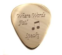 Personalised 1mm "Where Words Fail Music Speaks" Guitar Plectrum Pick (Brass)- Enter Your Own Custom Text