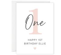 Personalised 1st Birthday Card - Elegant Minimalist “One” Design - Custom Name - Baby Girl’s First Birthday Card - Modern Keepsake Card