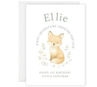 Personalised 1st Birthday Card - “First Adventure Around the Sun” - Custom Name Fox Design - Baby’s First Birthday Card for Boys or Girls - Woodland Animal Card