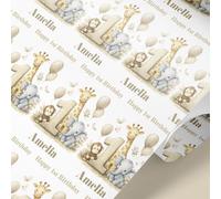 Personalised 1st Birthday Wrapping Paper - Safari Animals Baby Gift Wrap with Name - Elephant Giraffe Monkey Design - Premium Personalised Birthday Gift Wrap - UK Printed - 61cm Wide Roll (4mt)