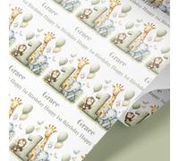 Personalised 1st Birthday Wrapping Paper - Safari Animals Gift Wrap with Name & Age - Green Sage Jungle Theme - Premium 61cm Wide Custom Birthday Wrapping Paper UK (3mt)