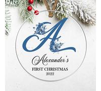 Personalised 1st Christmas Bauble - Initial and Name Flower Themed Blue/Pink - Custom Baby's First Xmas Keepsake Ornament (Blue, Acrylic Indoor & Outdoor Use)