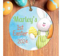 Personalised 1st Easter Bauble Plaque | Cute Bunny Design | Customised Baby Name & Year | Blue or Pink Colour Options | Baby's First Easter Keepsake Gift (Blue, MDF Wood - Indoor use)