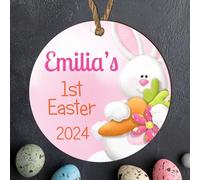 Personalised 1st Easter Bauble Plaque | Cute Bunny Design | Customised Baby Name & Year | Blue or Pink Colour Options | Baby's First Easter Keepsake Gift (Pink, MDF Wood - Indoor use)