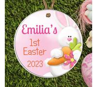 Personalised 1st Easter Bauble Plaque | Cute Bunny Design | Customised Baby Name & Year | Blue or Pink Colour Options | Baby's First Easter Keepsake Gift (Pink, Acrylic - Indoor & Outdoor use)
