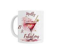 Personalised 21 & Fabulous Birthday Mug, Pink Cocktail Design, 21st Birthday Gift for Girls Her, White Ceramic