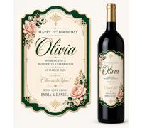 Personalised 21st Birthday Bottle Label Sticker Green Gold Floral Gift