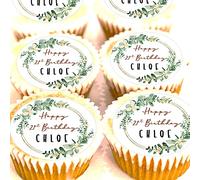 Personalised 21st Birthday Cake Toppers - Your Name Foliage Cupcake Decorations - 4cm x 24 - Edible Icing or Wafer (Edible Icing)