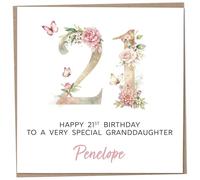 Personalised 21st Birthday Card for Adult Granddaughter, Luxury Flower & Butterfly Design with Customised Name, Special Milestone Keepsake Gift, Cute Contemporary Handmade Customizable Age 21 Cards