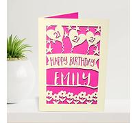 Personalised 21st birthday card for her - ANY AGE - 18th, 21st, 30th, 40th, 50th card for daughter, granddaughter, niece, sister, friend. Generous A5 size, papercut design. (Bright Pink)
