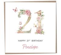 Personalised 21st Birthday Card for Women, Luxury Flower & Butterfly Design with Customised Name, Special Milestone Keepsake Gift, Cute Contemporary Handmade Customizable Age 21 Cards, Glitter Effect