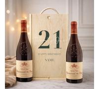 Personalised 21st Birthday Châteauneuf du Pape Red Wine Gift Set 2 x 75cl 15% ABV in Wooden Presentation Box - Luxury French Wine Gift 21st Birthday UK