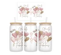 Personalised 21st Birthday Glass with Officially 21 & Fabulous Pink and Gold Hearts Design, Frosted Glass Tumbler with lid & Straw