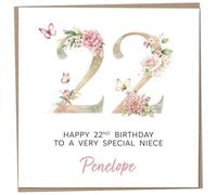 Personalised 22nd Birthday Card for Adult Niece, Luxury Flower & Butterfly Design with Customised Name, Special Milestone Keepsake Gift, Cute Contemporary Handmade Customizable Age 22 Cards