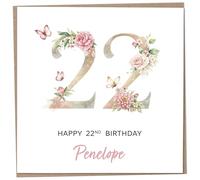 Personalised 22nd Birthday Card for Women, Luxury Flower & Butterfly Design with Customised Name, Special Milestone Keepsake Gift, Cute Contemporary Handmade Customizable Age 22 Cards, Glitter Effect