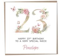 Personalised 23rd Birthday Card for Adult Niece, Luxury Flower & Butterfly Design with Customised Name, Special Milestone Keepsake Gift, Cute Contemporary Handmade Customizable Age 23 Cards
