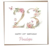 Personalised 23rd Birthday Card for Women, Luxury Flower & Butterfly Design with Customised Name, Special Milestone Keepsake Gift, Cute Contemporary Handmade Customizable Age 23 Cards, Glitter Effect
