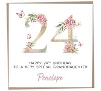 Personalised 24th Birthday Card for Adult Granddaughter, Luxury Flower & Butterfly Design with Customised Name, Special Milestone Keepsake Gift, Cute Contemporary Handmade Customizable Age 24 Cards