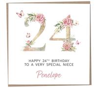 Personalised 24th Birthday Card for Adult Niece, Luxury Flower & Butterfly Design with Customised Name, Special Milestone Keepsake Gift, Cute Contemporary Handmade Customizable Age 24 Cards