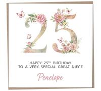 Personalised 25th Birthday Card for Adult Great Niece, Luxury Flower & Butterfly Design with Customised Name, Special Milestone Keepsake Gift, Cute Contemporary Handmade Customizable Age 25 Cards