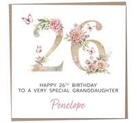 Personalised 26th Birthday Card for Adult Granddaughter, Luxury Flower & Butterfly Design with Customised Name, Special Milestone Keepsake Gift, Cute Contemporary Handmade Customizable Age 26 Cards