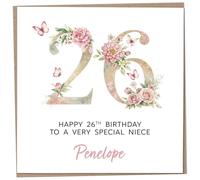 Personalised 26th Birthday Card for Adult Niece, Luxury Flower & Butterfly Design with Customised Name, Special Milestone Keepsake Gift, Cute Contemporary Handmade Customizable Age 26 Cards