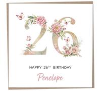 Personalised 26th Birthday Card for Women, Luxury Flower & Butterfly Design with Customised Name, Special Milestone Keepsake Gift, Cute Contemporary Handmade Customizable Age 26 Cards, Glitter Effect