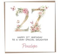 Personalised 27th Birthday Card for Adult Daughter, Luxury Flower & Butterfly Design with Customised Name, Special Milestone Keepsake Gift, Cute Contemporary Handmade Customizable Age 27 Cards