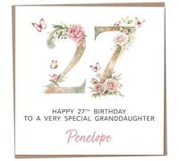 Personalised 27th Birthday Card for Adult Granddaughter, Luxury Flower & Butterfly Design with Customised Name, Special Milestone Keepsake Gift, Cute Contemporary Handmade Customizable Age 27 Cards