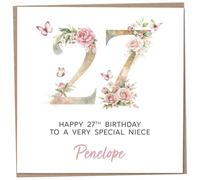 Personalised 27th Birthday Card for Adult Niece, Luxury Flower & Butterfly Design with Customised Name, Special Milestone Keepsake Gift, Cute Contemporary Handmade Customizable Age 27 Cards