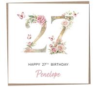 Personalised 27th Birthday Card for Women, Luxury Flower & Butterfly Design with Customised Name, Special Milestone Keepsake Gift, Cute Contemporary Handmade Customizable Age 27 Cards, Glitter Effect