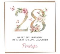 Personalised 28th Birthday Card for Adult Daughter, Luxury Flower & Butterfly Design with Customised Name, Special Milestone Keepsake Gift, Cute Contemporary Handmade Customizable Age 28 Cards