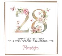 Personalised 28th Birthday Card for Adult Granddaughter, Luxury Flower & Butterfly Design with Customised Name, Special Milestone Keepsake Gift, Cute Contemporary Handmade Customizable Age 28 Cards