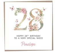 Personalised 28th Birthday Card for Adult Niece, Luxury Flower & Butterfly Design with Customised Name, Special Milestone Keepsake Gift, Cute Contemporary Handmade Customizable Age 28 Cards