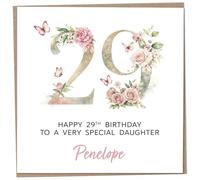Personalised 29th Birthday Card for Adult Daughter, Luxury Flower & Butterfly Design with Customised Name, Special Milestone Keepsake Gift, Cute Contemporary Handmade Customizable Age 29 Cards