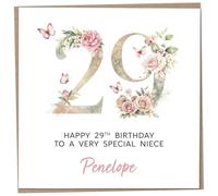 Personalised 29th Birthday Card for Adult Niece, Luxury Flower & Butterfly Design with Customised Name, Special Milestone Keepsake Gift, Cute Contemporary Handmade Customizable Age 29 Cards