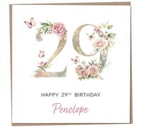 Personalised 29th Birthday Card for Women, Luxury Flower & Butterfly Design with Customised Name, Special Milestone Keepsake Gift, Cute Contemporary Handmade Customizable Age 29 Cards, Glitter Effect