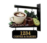 Personalised 2D Coffee Bakery Theme Address Number Sign Funny Coffee Bakery Metal House Numbers And Address Plaques Shop Home Decor Gift Men Women Family Housewarming Birthday Xmas (S 11)