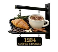 Personalised 2D Coffee Bakery Theme Address Number Sign Funny Coffee Bakery Metal House Numbers And Address Plaques Shop Home Decor Gift Men Women Family Housewarming Birthday Xmas (S 10)