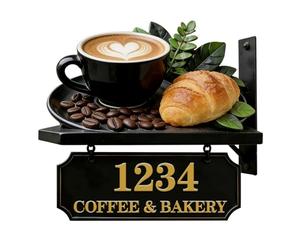 Personalised 2D Coffee Bakery Theme Address Number Sign Funny Coffee Bakery Metal House Numbers And Address Plaques Shop Home Decor Gift Men Women Family Housewarming Birthday Xmas (S 09)