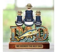 Personalised 2D We Hooked The Best Dad Fishing Frame Plaque Custom Name Portrait Dad And Kids Fishing Wooden Sign Gift Father Grandpa From Son Daughter Father's Day Birthday Xmas (S 20)