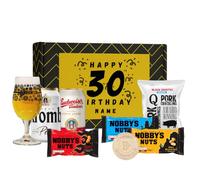 Personalised 30th Birthday Lager Gift Set with Krombacher & Budvar 330ml, Beerhunter Glass & Snacks (2 Pack)