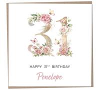 Personalised 31st Birthday Card for Women, Luxury Flower & Butterfly Design with Customised Name, Special Milestone Keepsake Gift, Cute Contemporary Handmade Customizable Age 31 Cards, Glitter Effect