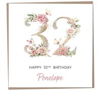 Personalised 32nd Birthday Card for Women, Luxury Flower & Butterfly Design with Customised Name, Special Milestone Keepsake Gift, Cute Contemporary Handmade Customizable Age 32 Cards, Glitter Effect