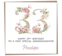 Personalised 33rd Birthday Card for Adult Granddaughter, Luxury Flower & Butterfly Design with Customised Name, Special Milestone Keepsake Gift, Cute Contemporary Handmade Customizable Age 33 Cards